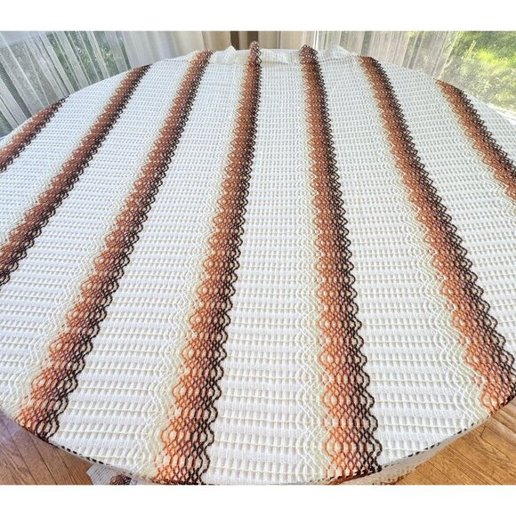 Vintage 70s mesh curtain, tan, rust, brown wavy stripes, pleated, per panel - Picture 5 of 10